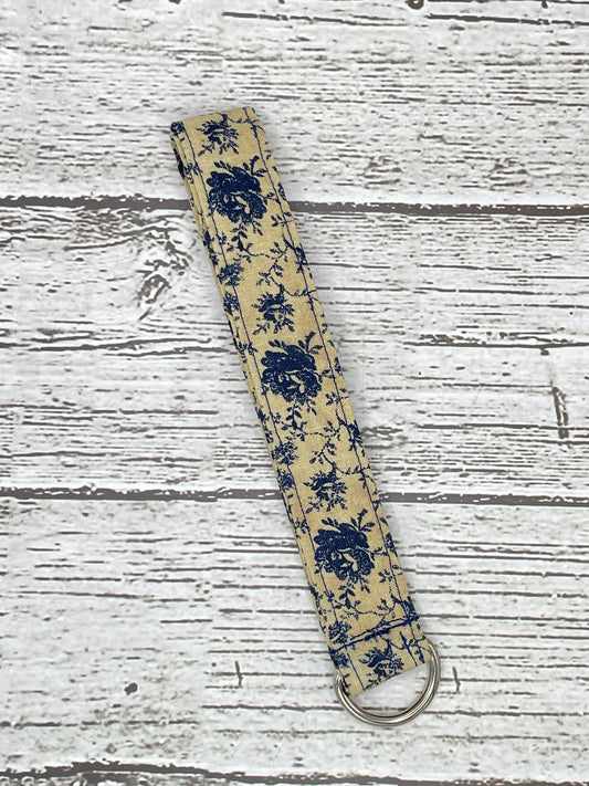 ANTIQUE BLUE FLORAL PRINT SMALL KEY FOB LANYARD